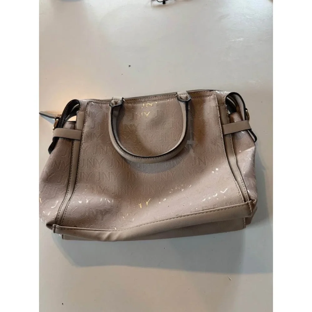 Jones New York Signature Gray Embossed JNY Logo Satchel Handbag Gold Hardware